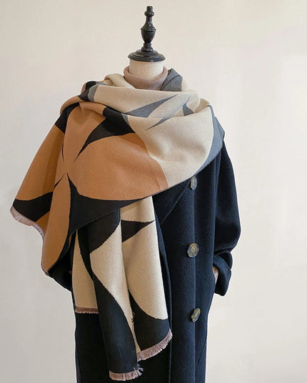 Women's Reversible Geometric Scarf with Fringed Ends