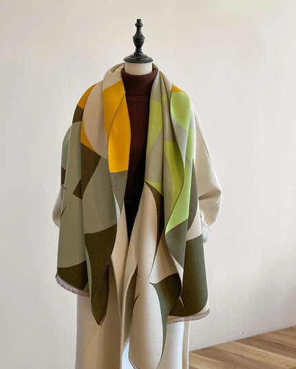 Women's Reversible Geometric Scarf with Fringed Ends