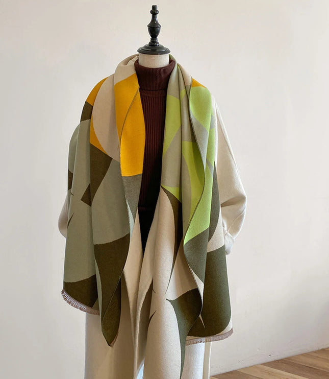 Women's Reversible Geometric Scarf with Fringed Ends