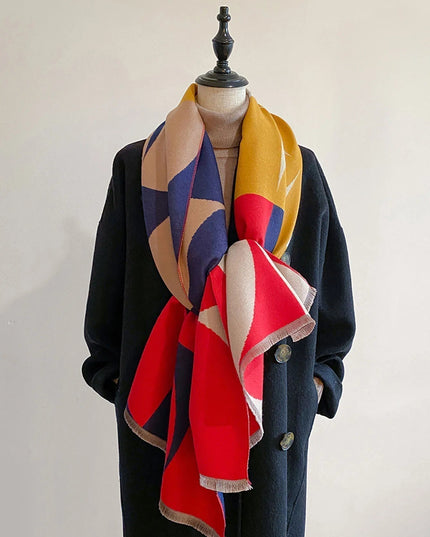 Women's Reversible Geometric Scarf with Fringed Ends