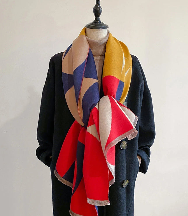 Women's Reversible Geometric Scarf with Fringed Ends