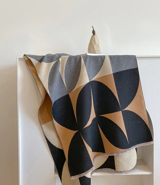 Women's Reversible Geometric Scarf with Fringed Ends