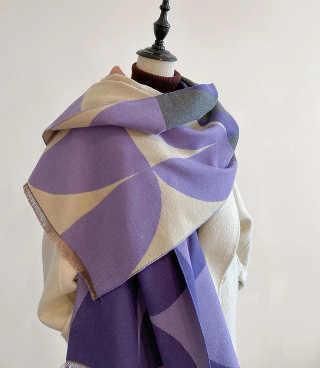 Women's Reversible Geometric Scarf with Fringed Ends