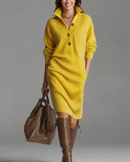 Women's Ribbed Jumper Dress with High Collar and Button Placket