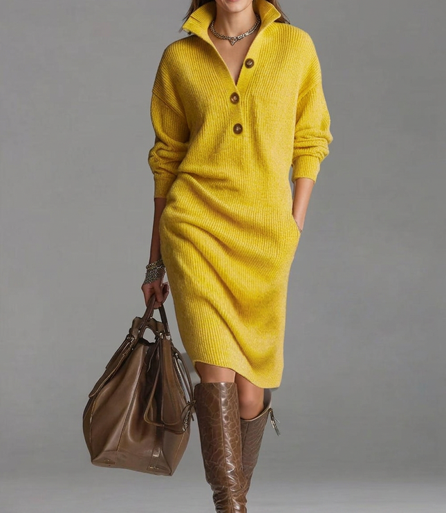 Women's Ribbed Jumper Dress with High Collar and Button Placket