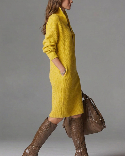 Women's Ribbed Jumper Dress with High Collar and Button Placket