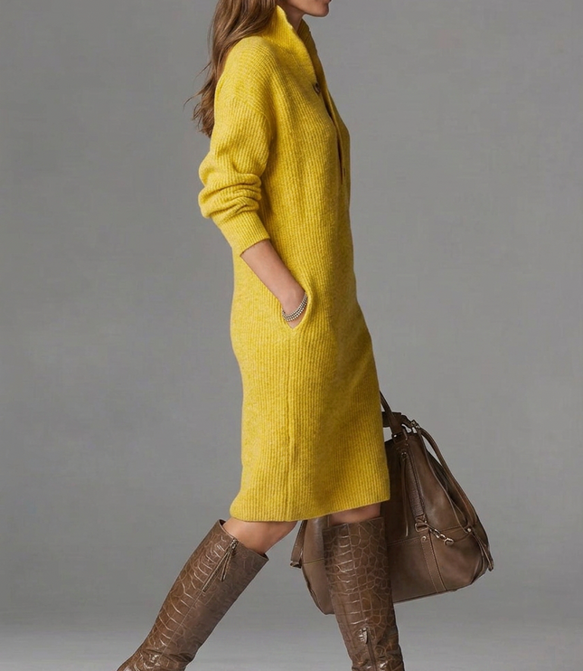 Women's Ribbed Jumper Dress with High Collar and Button Placket