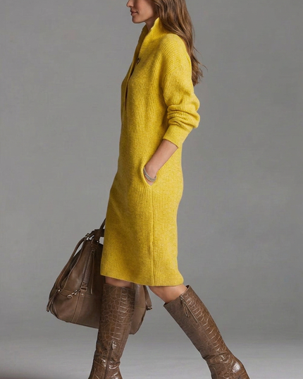Women's Ribbed Jumper Dress with High Collar and Button Placket