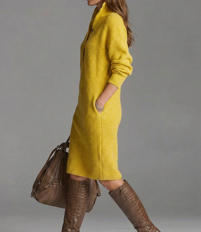 Women's Ribbed Jumper Dress with High Collar and Button Placket