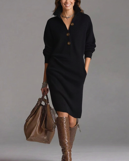 Women's Ribbed Jumper Dress with High Collar and Button Placket