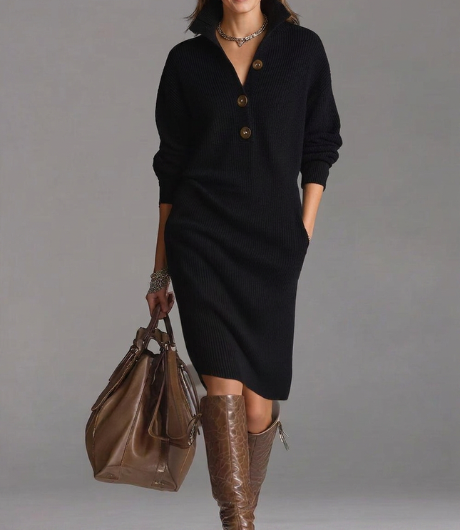 Women's Ribbed Jumper Dress with High Collar and Button Placket