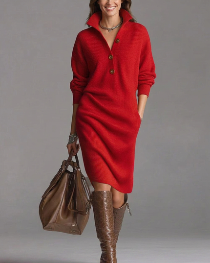 Women's Ribbed Jumper Dress with High Collar and Button Placket