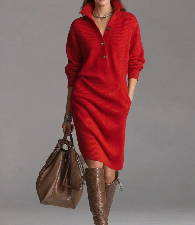 Women's Ribbed Jumper Dress with High Collar and Button Placket