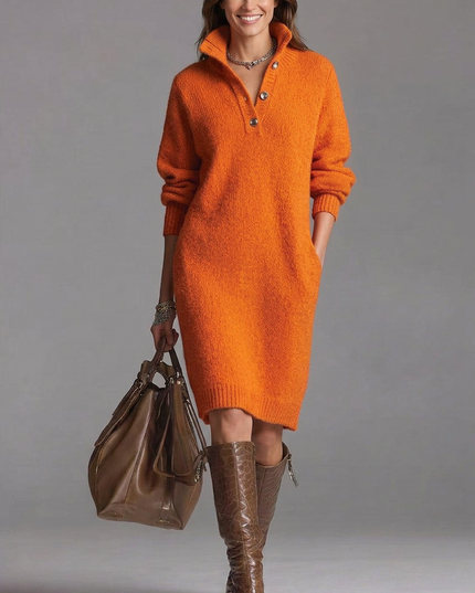 Women's Ribbed Jumper Dress with High Collar and Button Placket