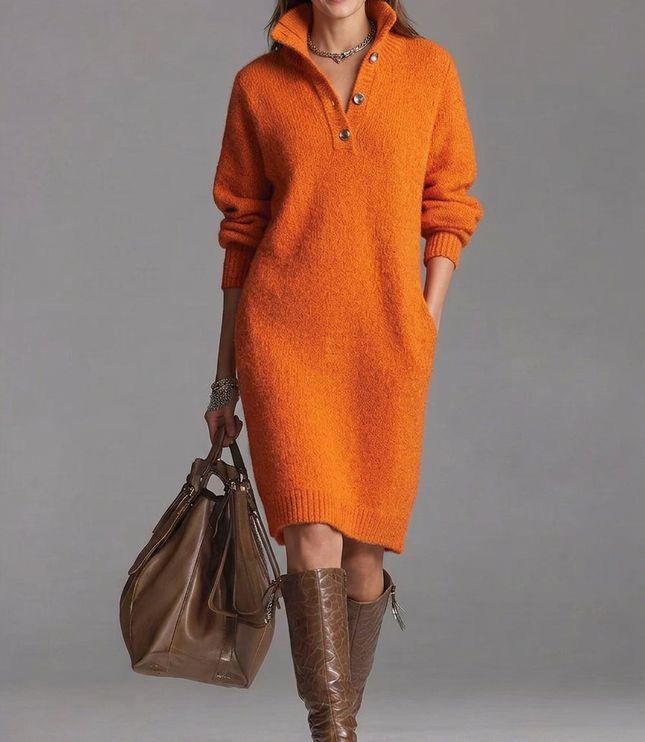 Women's Ribbed Jumper Dress with High Collar and Button Placket