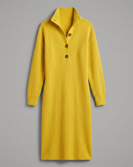 Women's Ribbed Jumper Dress with High Collar and Button Placket