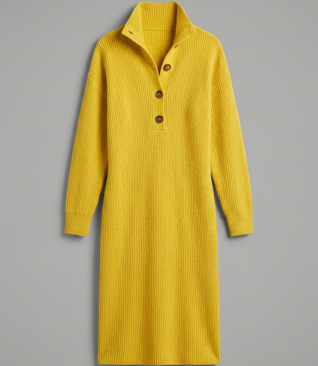 Women's Ribbed Jumper Dress with High Collar and Button Placket