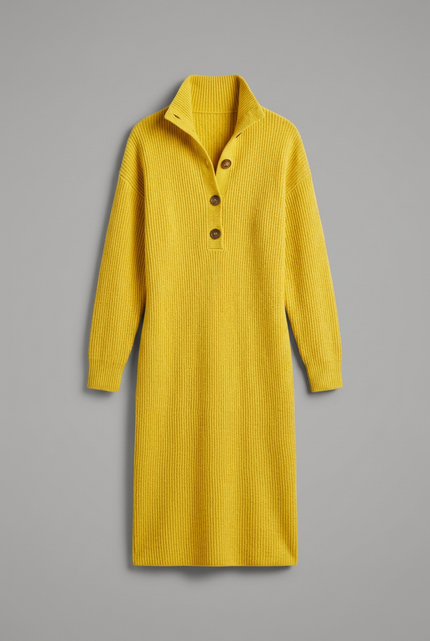 Women's Ribbed Jumper Dress with High Collar and Button Placket