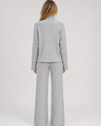 Women's Ribbed Loungewear Set with Roll Neck and Wide Leg Trousers