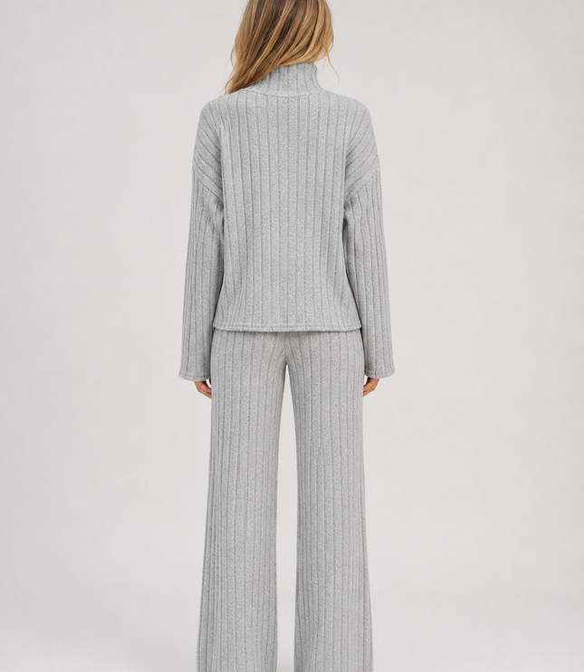 Women's Ribbed Loungewear Set with Roll Neck and Wide Leg Trousers