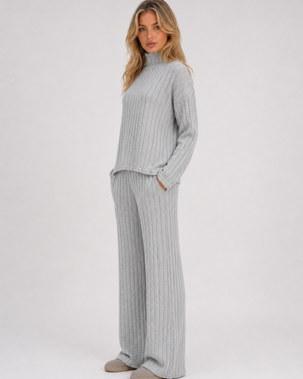 Women's Ribbed Loungewear Set with Roll Neck and Wide Leg Trousers