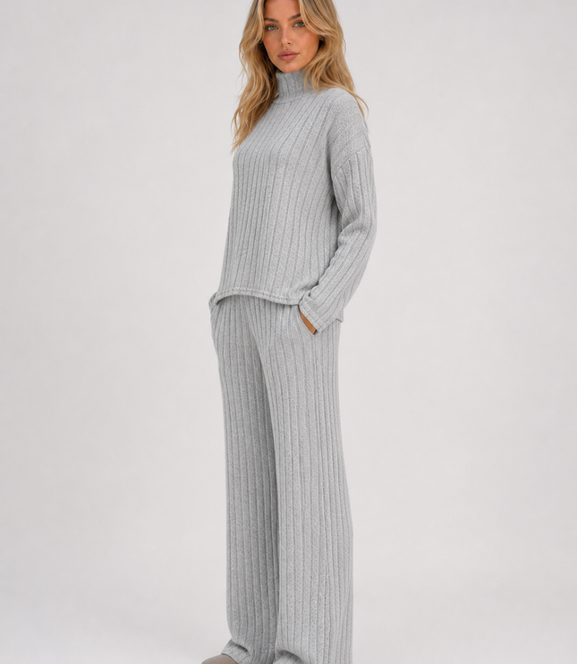 Women's Ribbed Loungewear Set with Roll Neck and Wide Leg Trousers