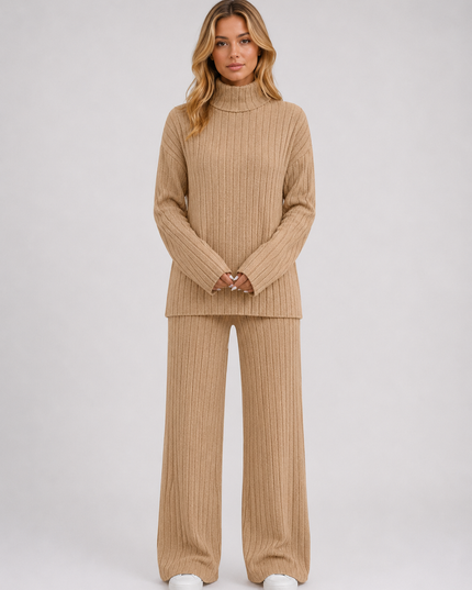 Women's Ribbed Loungewear Set with Roll Neck and Wide Leg Trousers