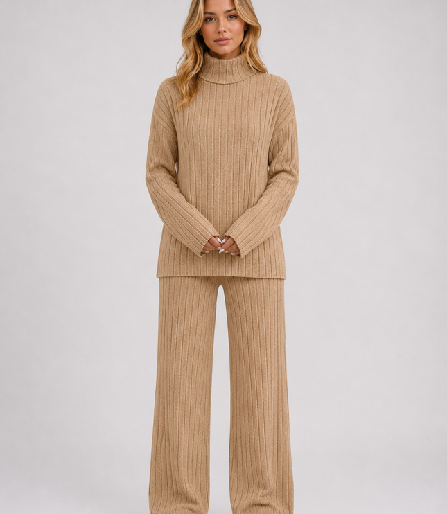Women's Ribbed Loungewear Set with Roll Neck and Wide Leg Trousers
