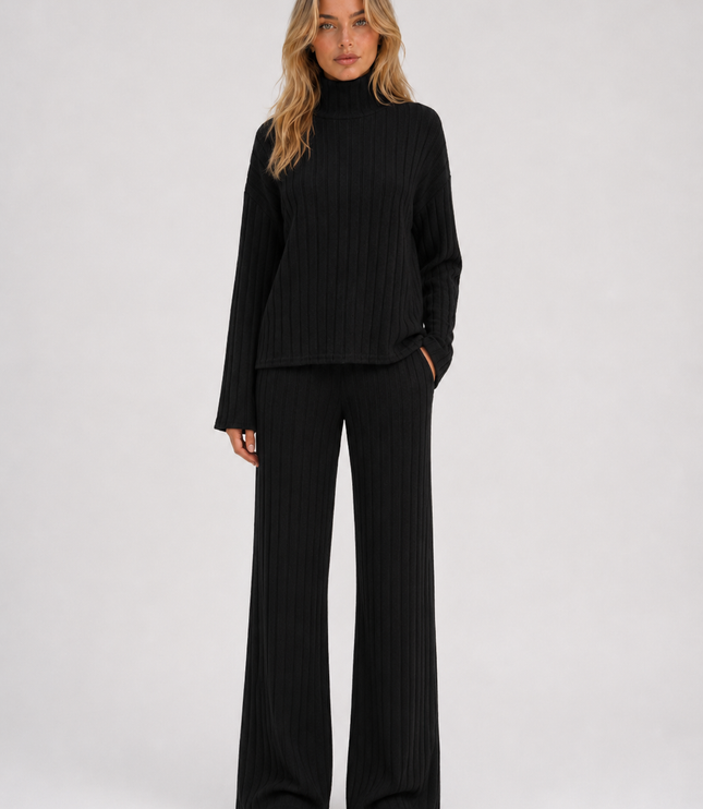 Women's Ribbed Loungewear Set with Roll Neck and Wide Leg Trousers