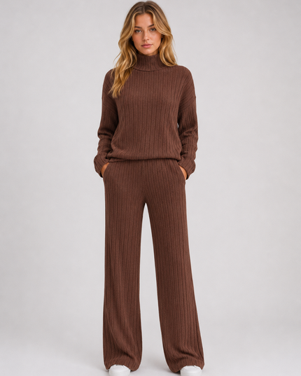 Women's Ribbed Loungewear Set with Roll Neck and Wide Leg Trousers