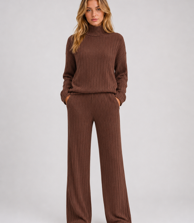 Women's Ribbed Loungewear Set with Roll Neck and Wide Leg Trousers