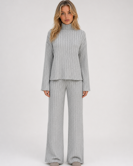 Women's Ribbed Loungewear Set with Roll Neck and Wide Leg Trousers