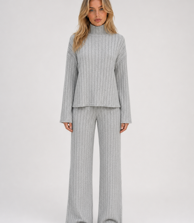 Women's Ribbed Loungewear Set with Roll Neck and Wide Leg Trousers