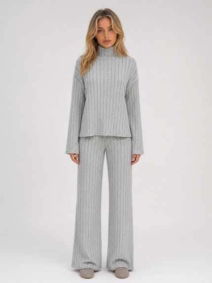 Women's Ribbed Loungewear Set with Roll Neck and Wide Leg Trousers