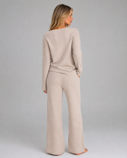Women's Ribbed Loungewear Set with V-Neck Jumper and Trousers
