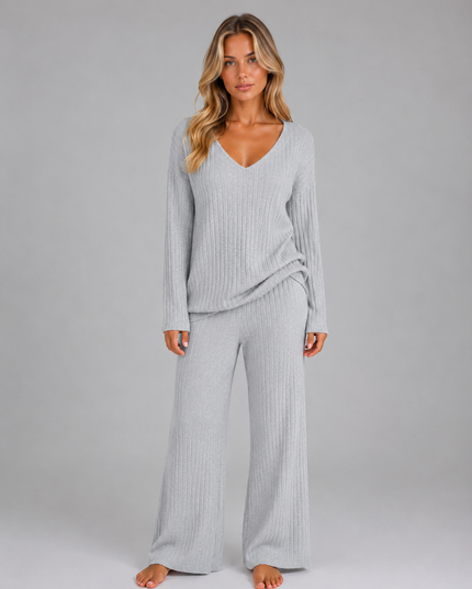 Women's Ribbed Loungewear Set with V-Neck Jumper and Trousers