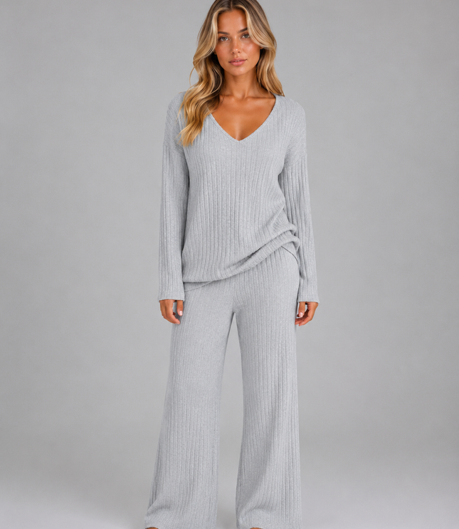 Women's Ribbed Loungewear Set with V-Neck Jumper and Trousers