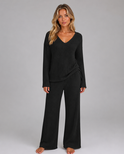 Women's Ribbed Loungewear Set with V-Neck Jumper and Trousers