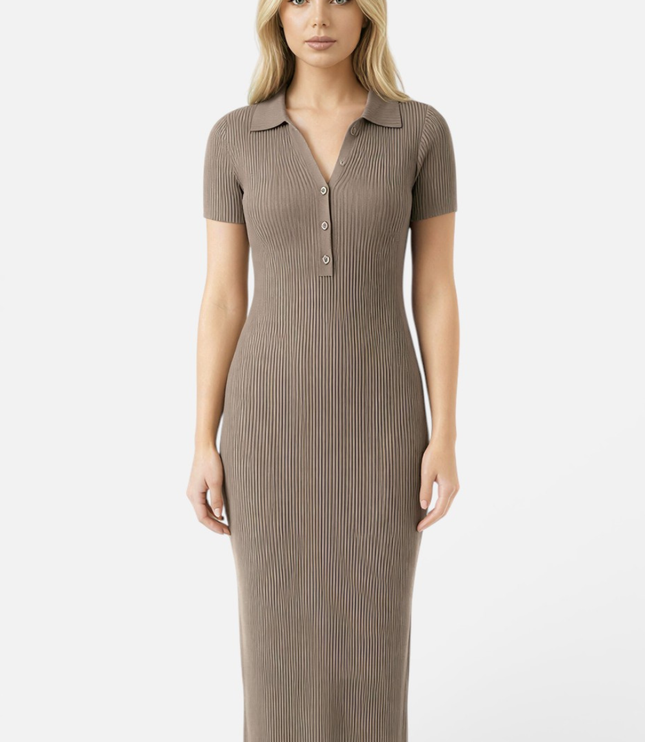 Taupe ribbed polo maxi dress with short sleeves and button front