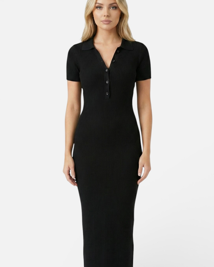 Black ribbed polo maxi dress with short sleeves and fitted silhouette