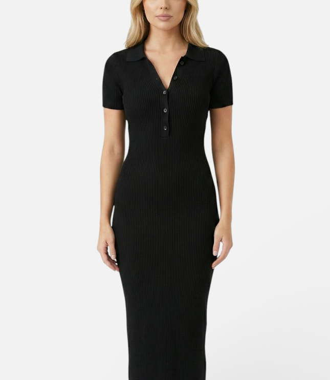 Black ribbed polo maxi dress with short sleeves and fitted silhouette