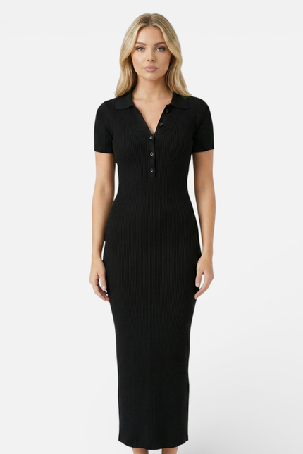 Black ribbed polo maxi dress with short sleeves and fitted silhouette