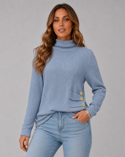 Ribbed Turtleneck Sweater with Side Button Detail