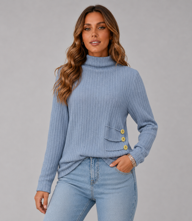 Ribbed Turtleneck Sweater with Side Button Detail