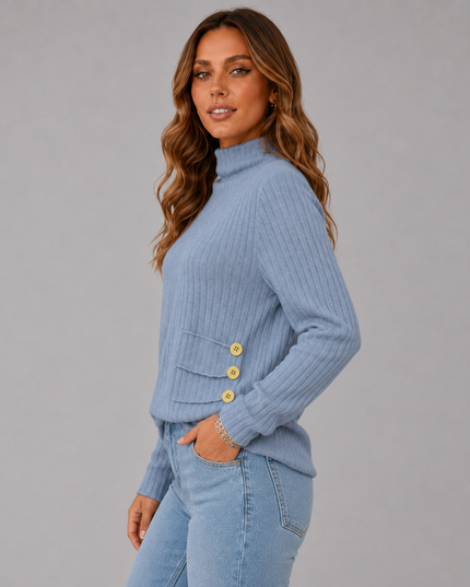 Ribbed Turtleneck Sweater with Side Button Detail