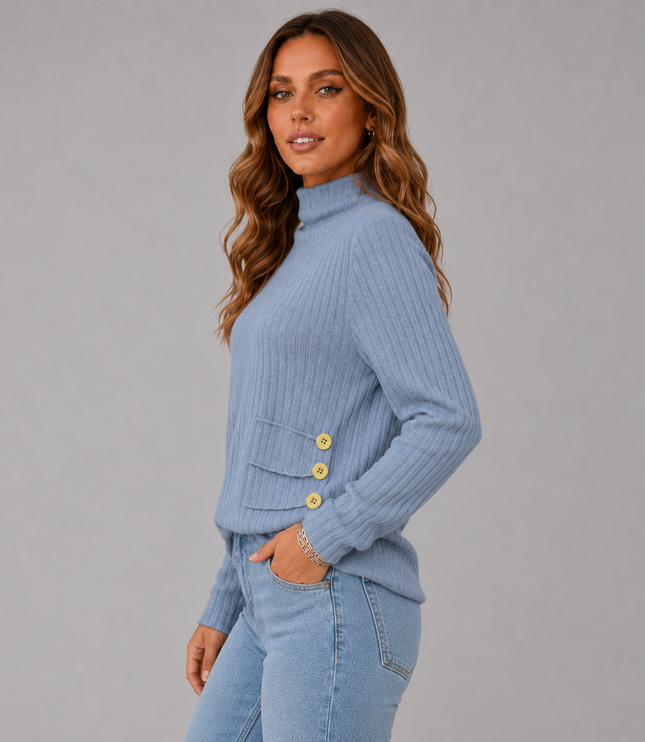 Ribbed Turtleneck Sweater with Side Button Detail