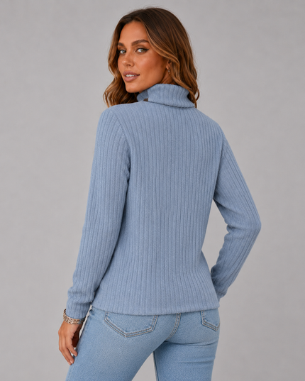 Ribbed Turtleneck Sweater with Side Button Detail
