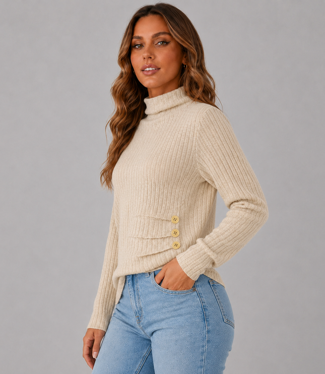 Ribbed Turtleneck Sweater with Side Button Detail
