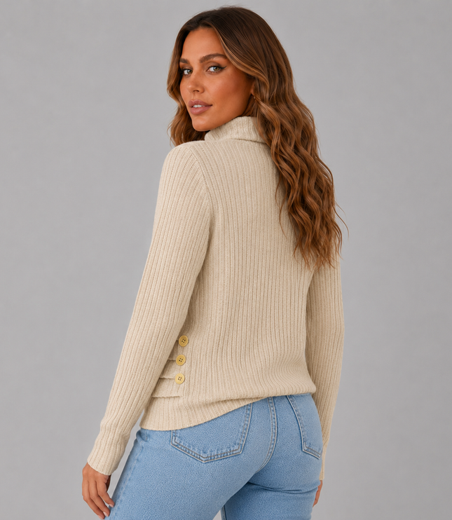 Ribbed Turtleneck Sweater with Side Button Detail