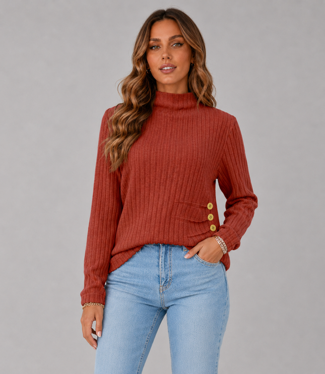 Ribbed Turtleneck Sweater with Side Button Detail
